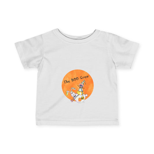 Halloween, "The BOO Crew" pumpkin character riding on a rabbit - Infant Fine Jersey Tee by artist Marie Frederique