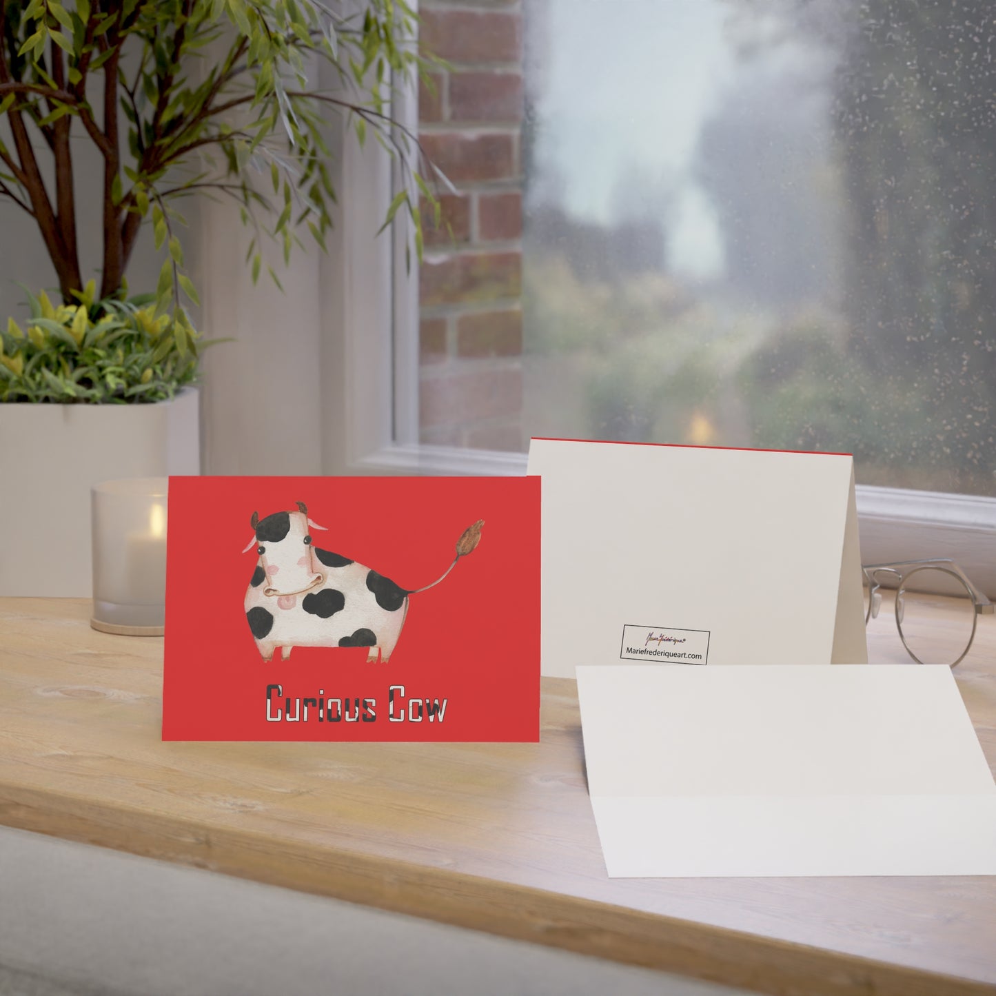 Cow - Curious Cow in red, blank Greeting Card by Artist Marie Frederique