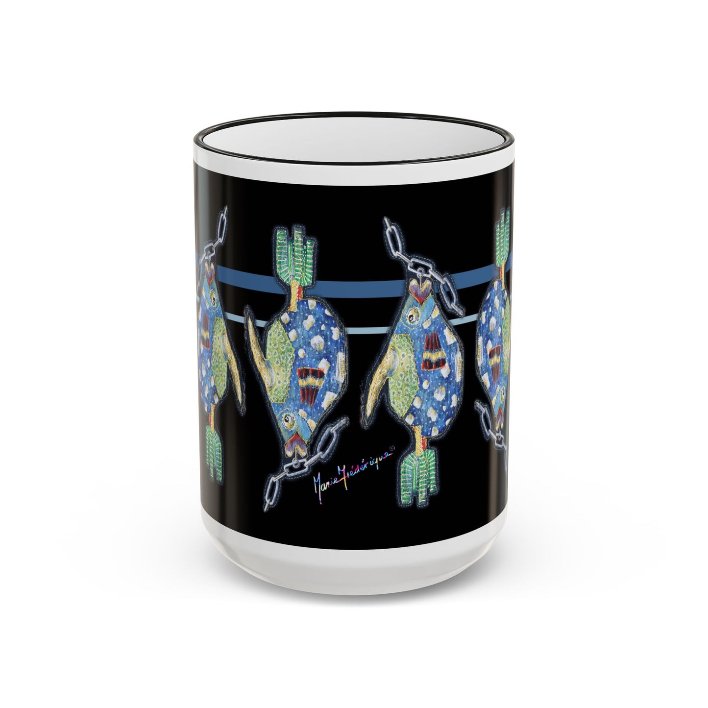 Fish on a Line Accent Rim Mug (11oz/15oz) by artist Marie Frederique