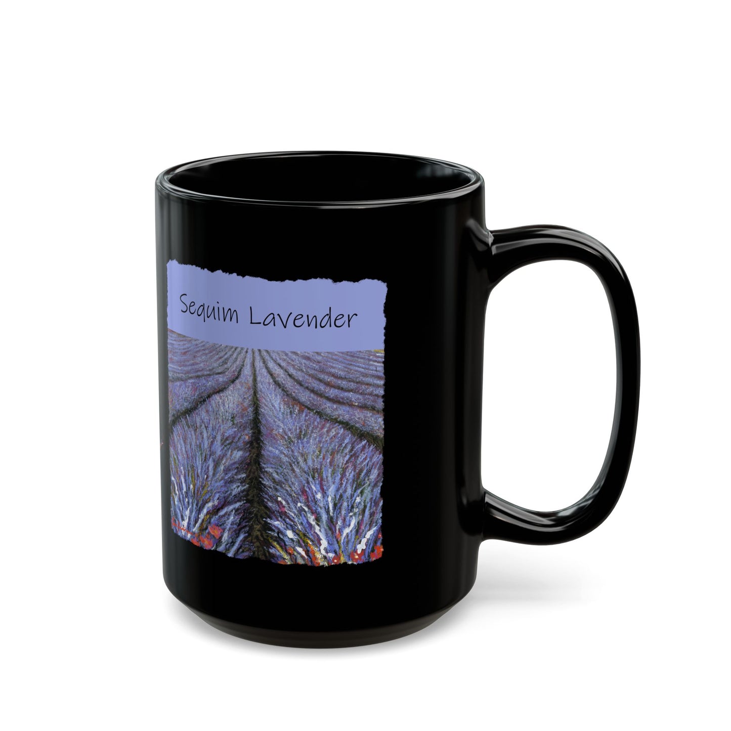 Lavender Field, Sequim - Black Mug (11oz, 15oz) by artist Marie Frederique