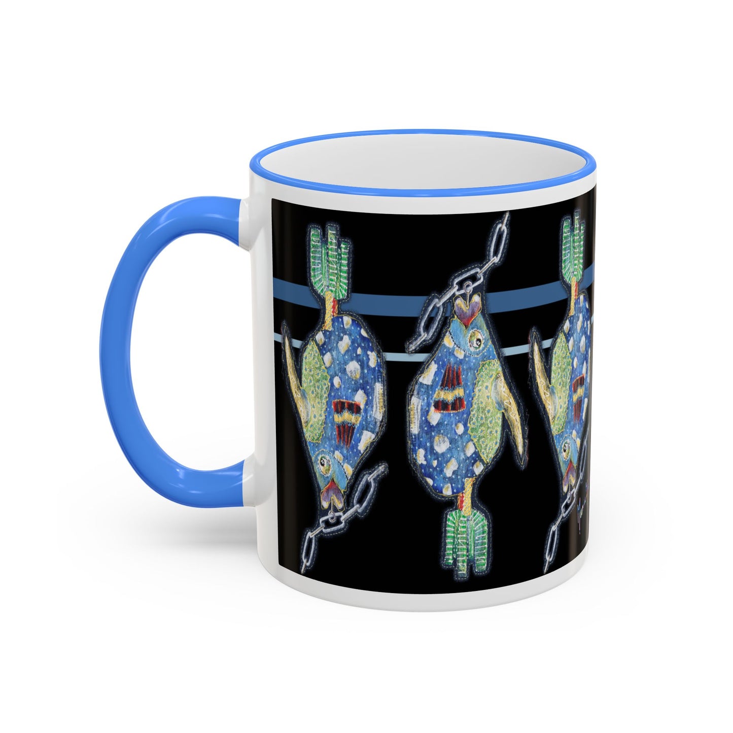 Fish on a Line Accent Rim Mug (11oz/15oz) by artist Marie Frederique