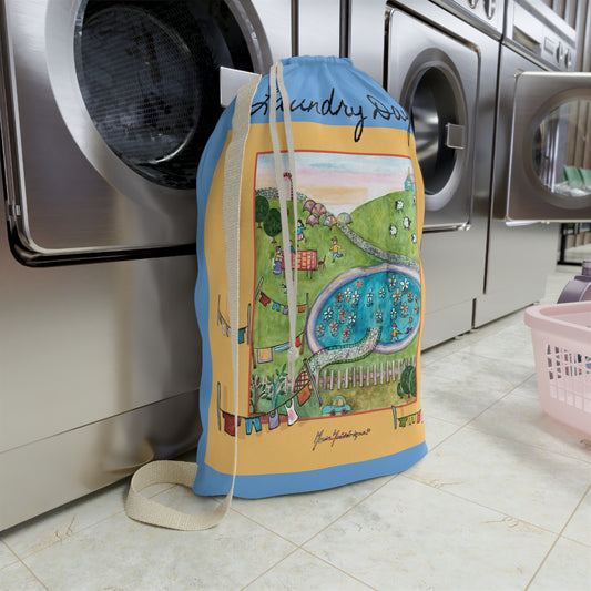 Laundry Illustrated Drawstring Bag, - Colorful Cottage Pool Design for Home & Dorm by artist Marie Frederique