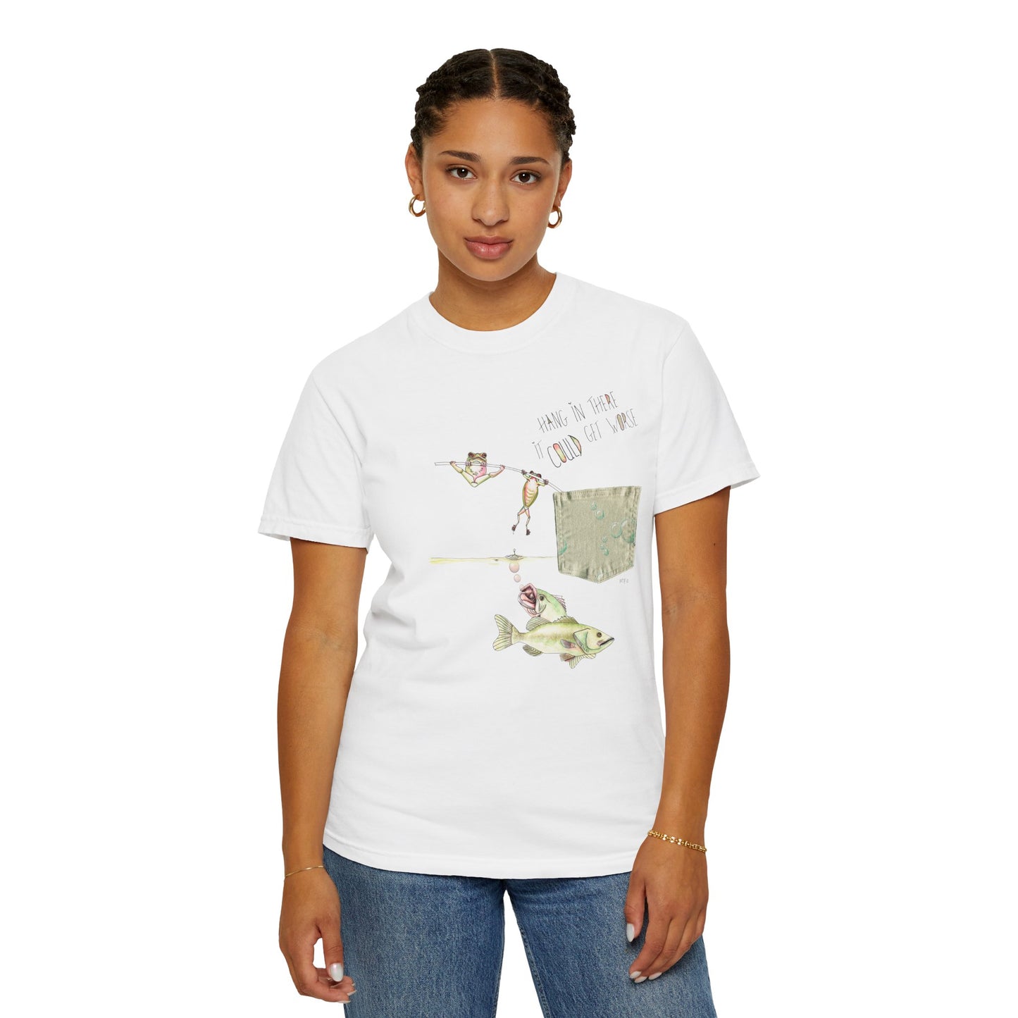 Fishing Graphic T-Shirt — Bass & Fisherman Illustration Tee by artist Marie Frederique