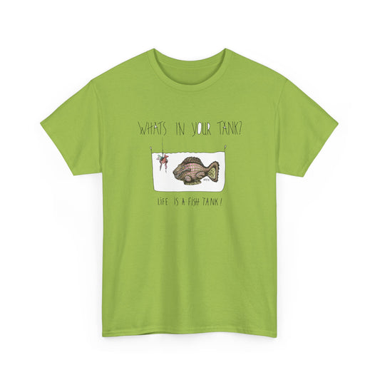 Life is a Fish Tank Collection, "What's in your tank?  Alligator Fish with bait on a hook in front. Unisex Heavy Cotton Tee by artist Marie Frederique