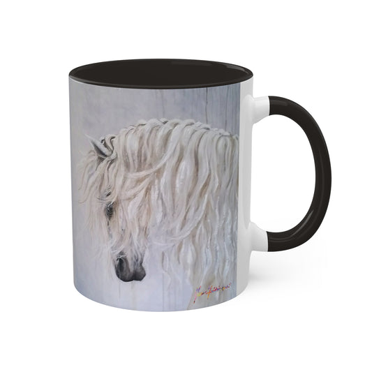 CTS - White horse 2 Colorful Mug, in 4 color variations Pink, Black Blue and Red 11oz By Artist Marie Frederique