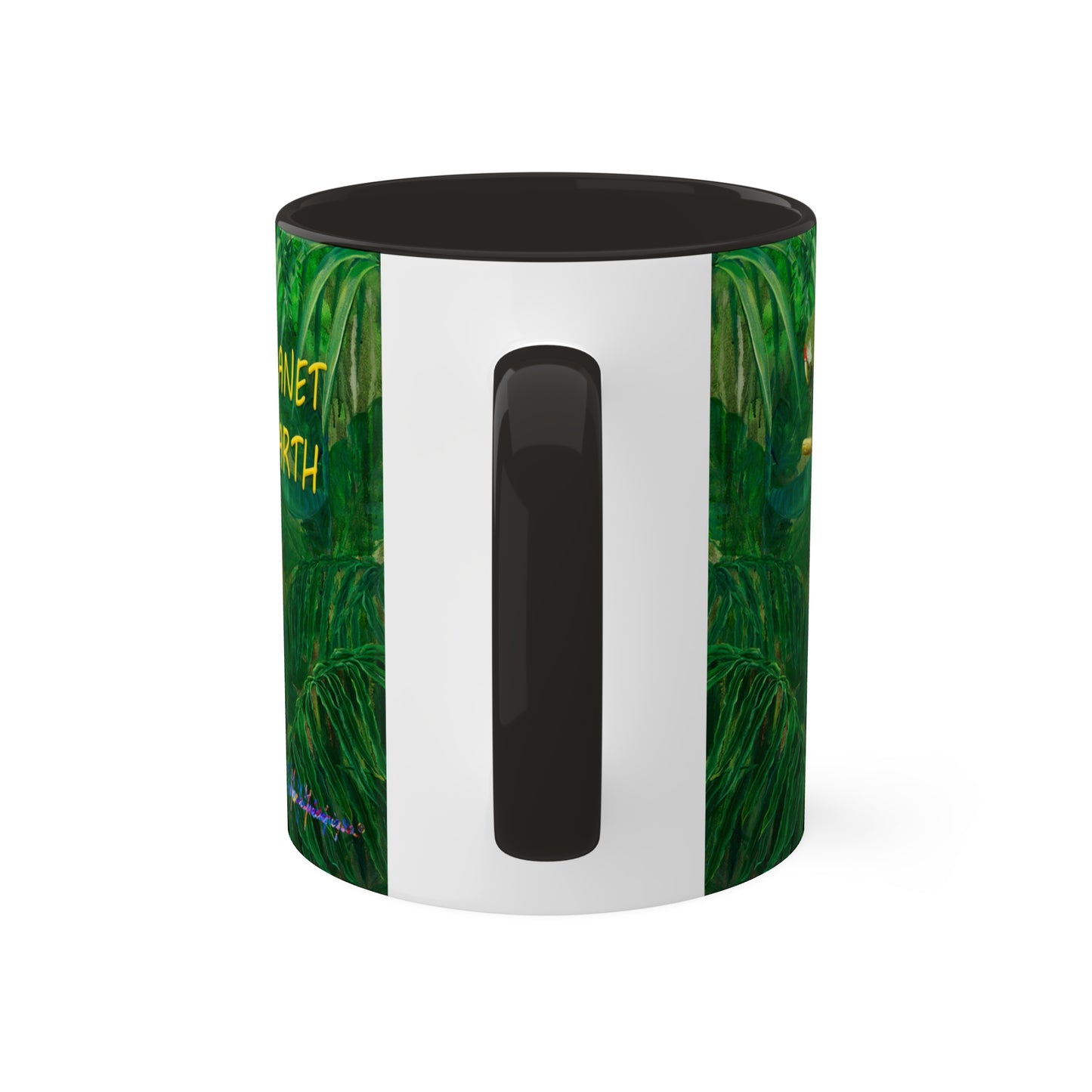 Planet Earth green jungle forest with parrots and blue Iris, in 5 colors. Mug, 11oz By Artist Marie Frederique