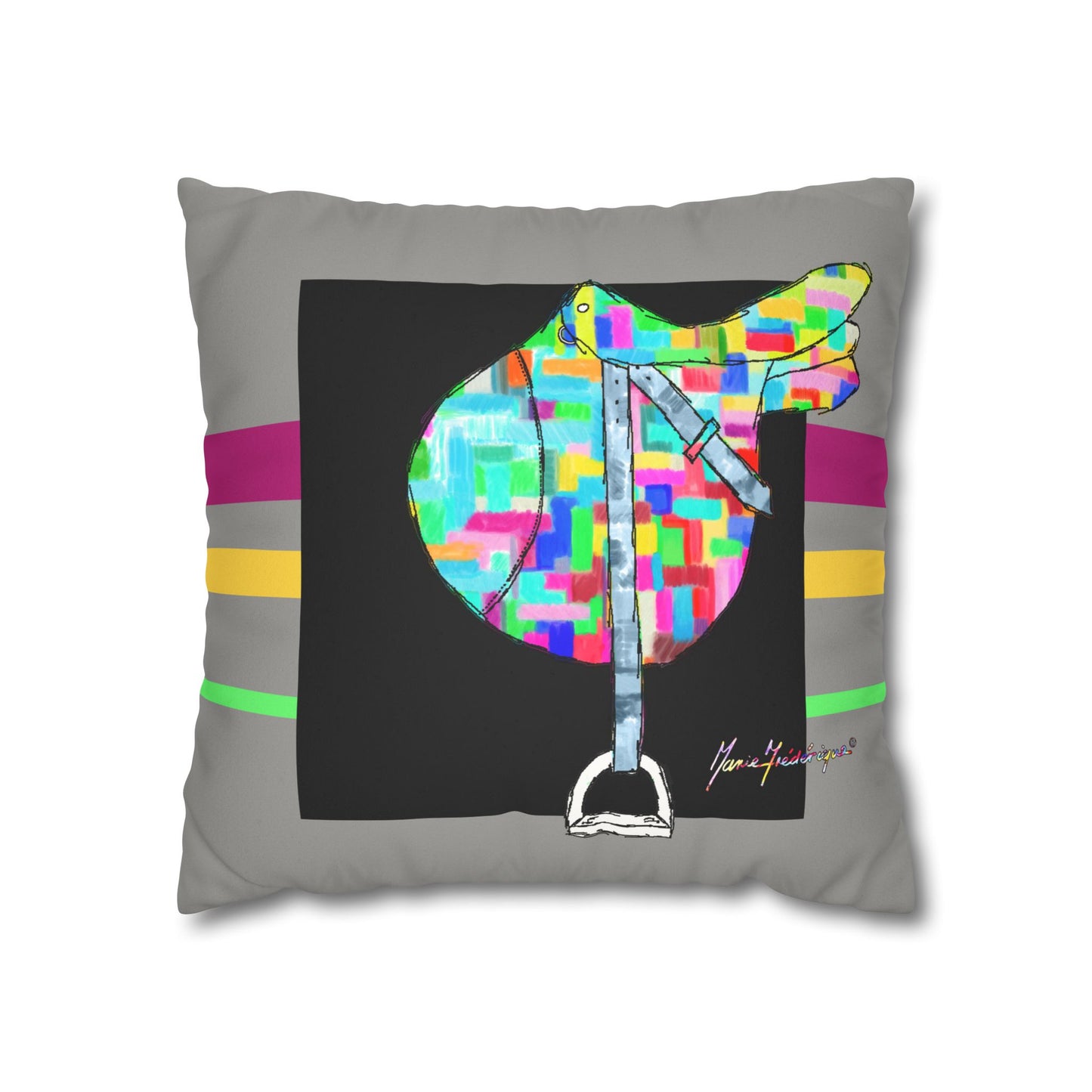 Equestrian Color block Saddle, Faux Suede Pillow cover by artist Marie Frederique