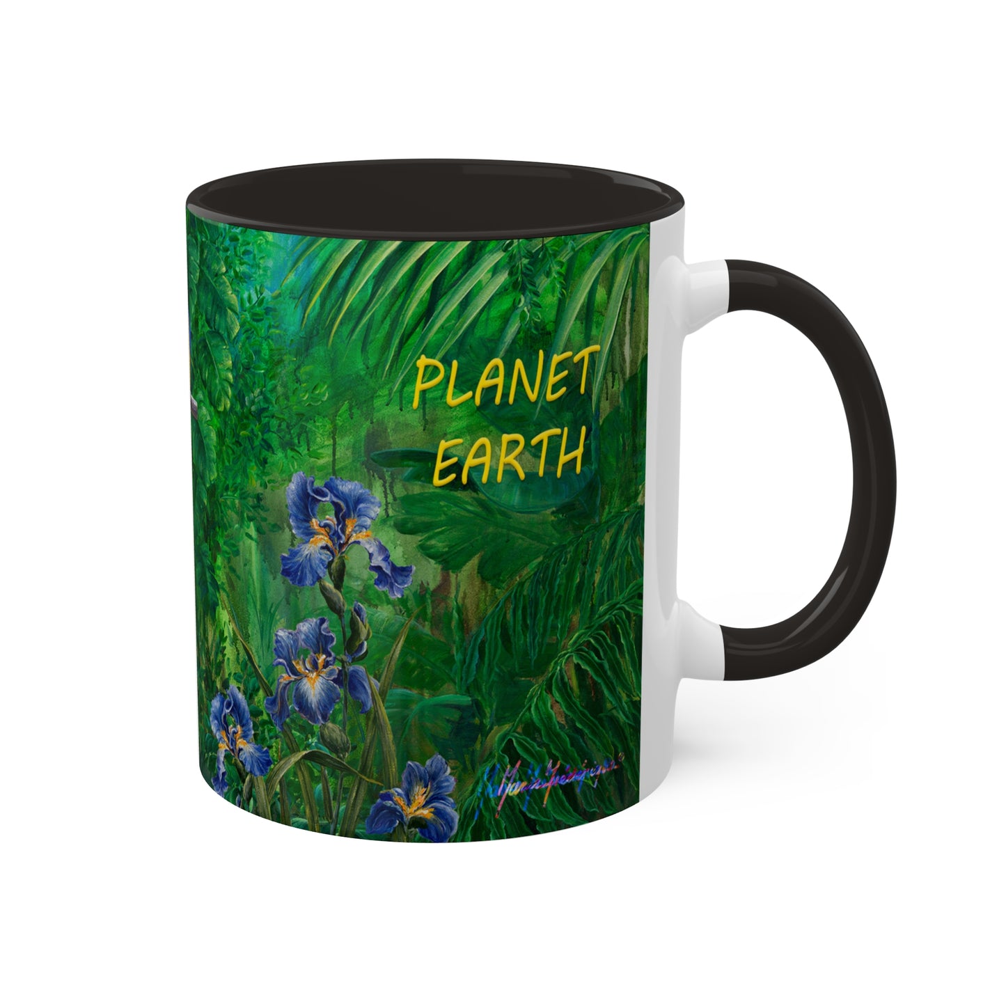 Planet Earth green jungle forest with parrots and blue Iris, in 5 colors. Mug, 11oz By Artist Marie Frederique