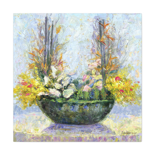 Floral Arrangement, Painterly style with Yellow and Blue - Oil Painting Print by artist Marie Frederique