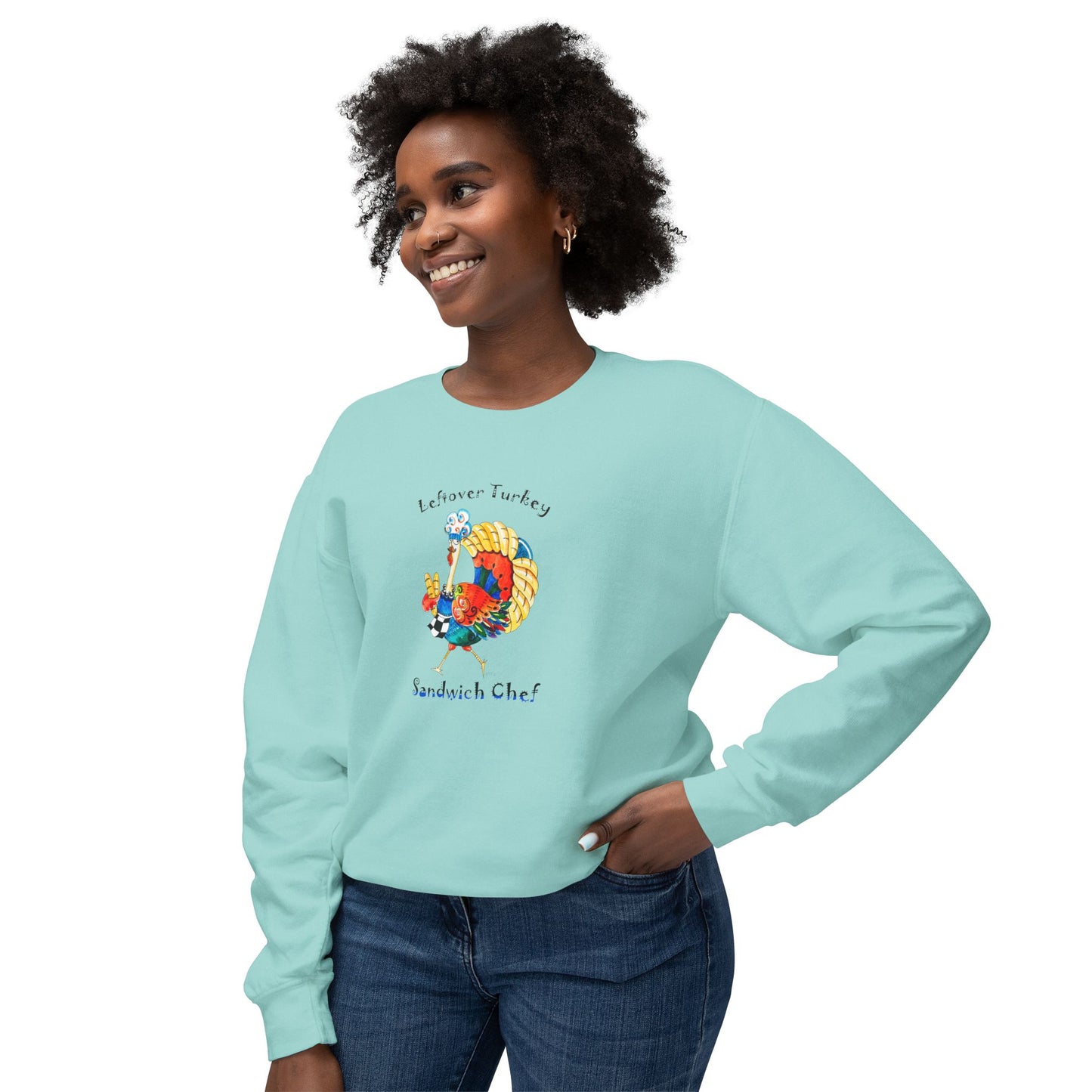 Thanksgiving Turkey Sandwich Chef - Unisex Lightweight Crewneck Sweatshirt by artist Marie Frederique