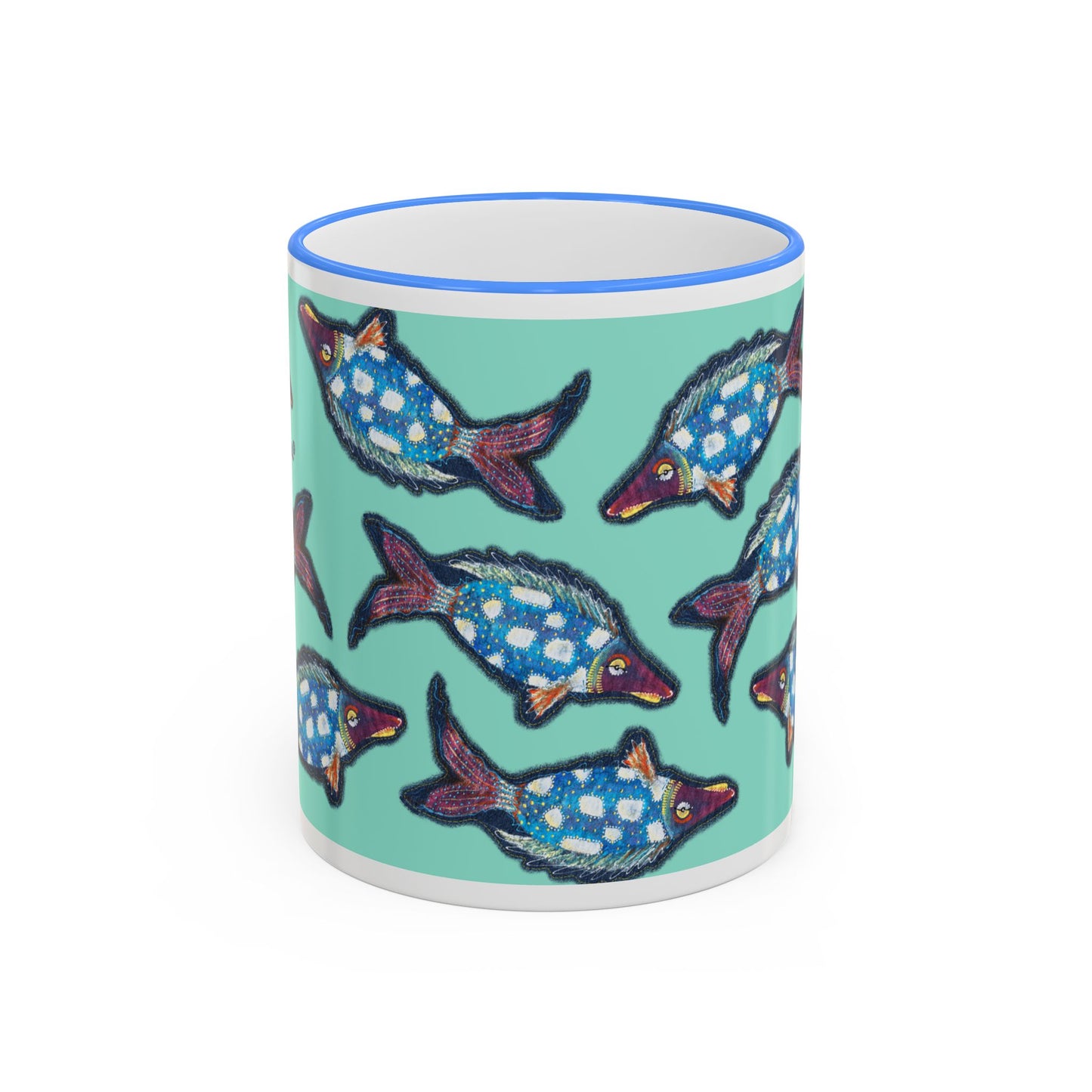 Blue Flying Fish Accent Rim Mug — Nautical Ceramic Coffee Cup (11oz/15oz) by artist Marie Frederique