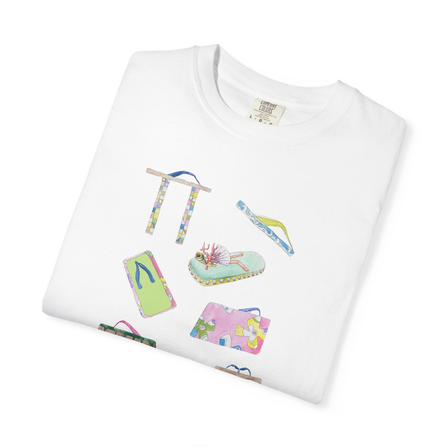 Summer Vacation Icons T-Shirt — Tropical Flip-Flops Tee by artist Marie Frederiquw