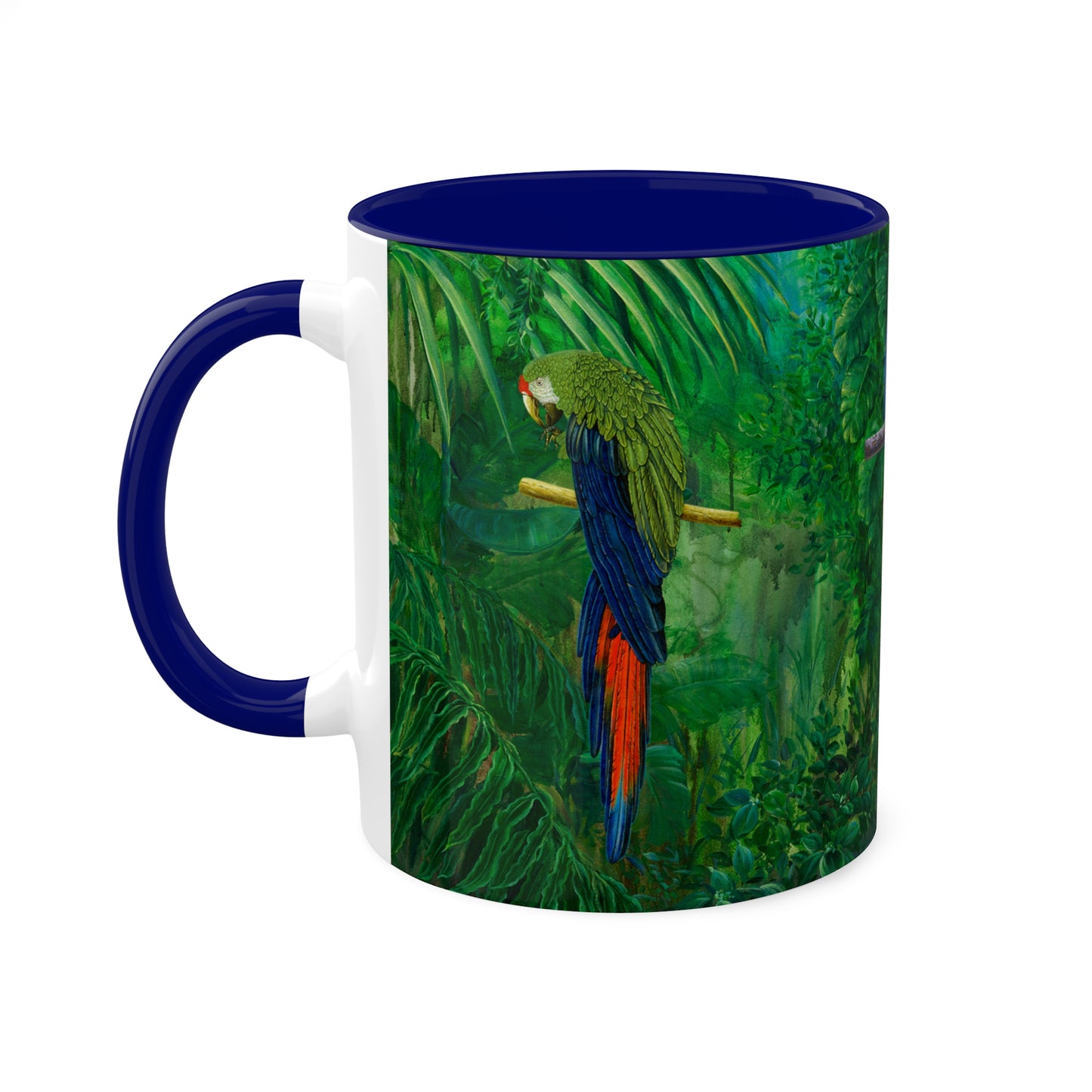 Planet Earth green jungle forest with parrots and blue Iris, in 5 colors. Mug, 11oz By Artist Marie Frederique