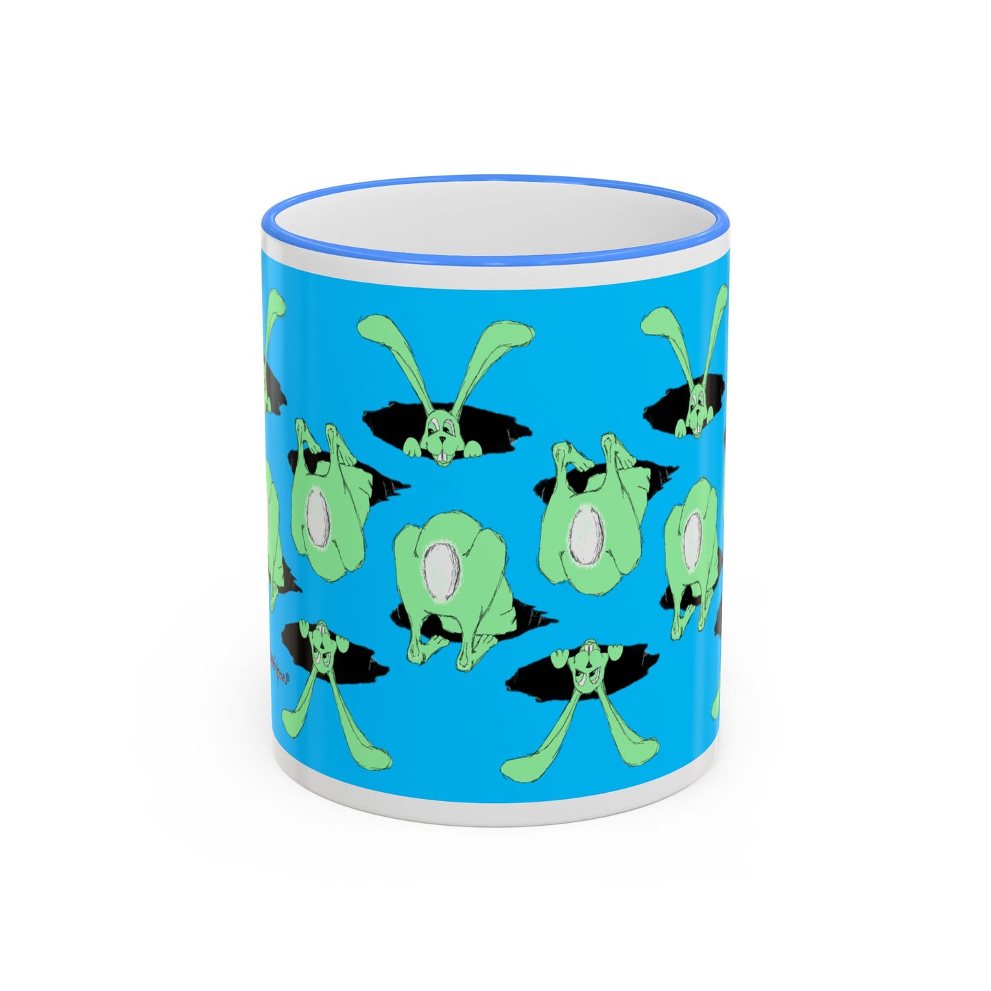 Where is Alice? Playful Green Bunny Pattern Accent Rim Mug (11oz & 15oz) by artist Marie Frederique