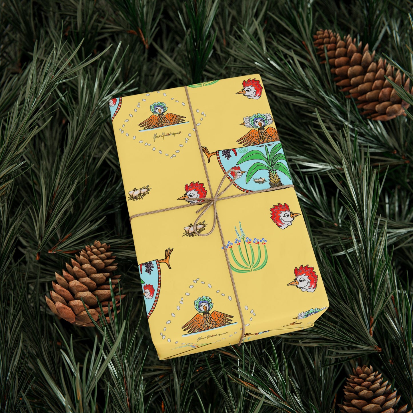 Spring Garden Chicken Wrapping Paper Roll — Yellow Floral chicken Pattern Gift Wrap by artist Marie Frederique