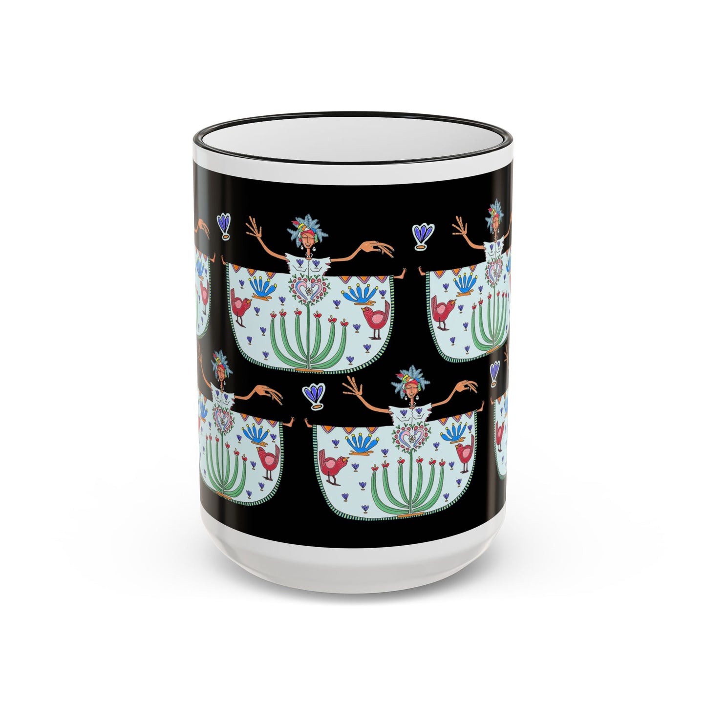 Chic Floral Folk Art Accent Rim Mug — Hand-Painted Teacup Pattern (11oz/15oz)
