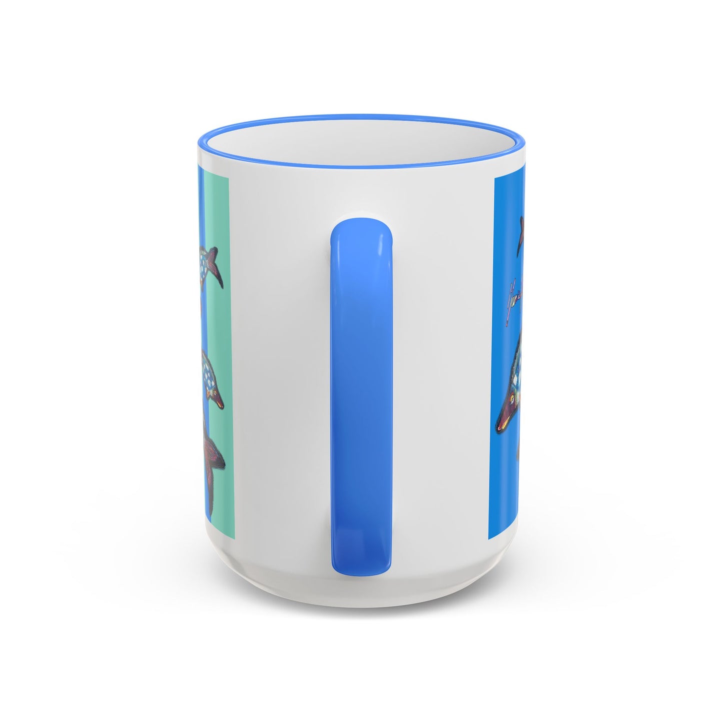 Blue Flying Fish Accent Rim Mug — Nautical Ceramic Coffee Cup (11oz/15oz) by artist Marie Frederique