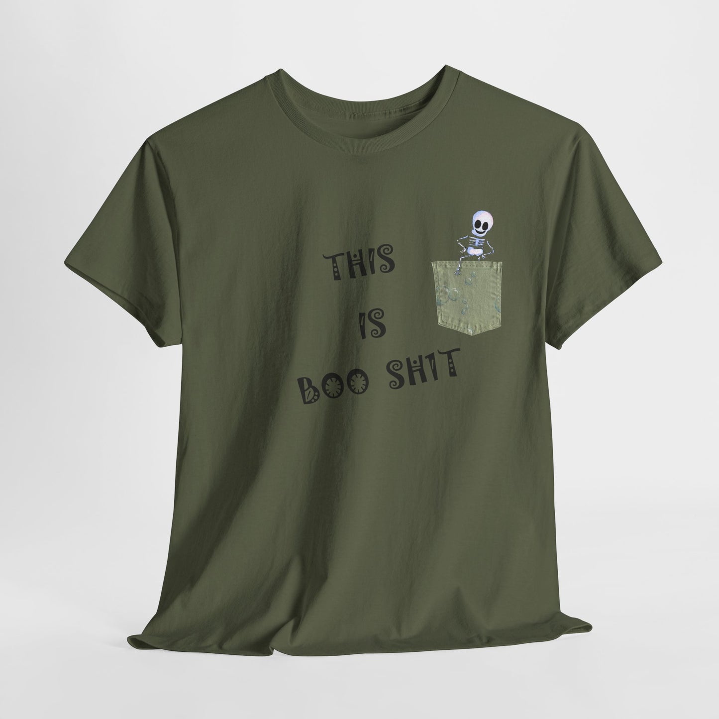 Halloween "THIS IS BOO SH1T" - with a skeleton climbing out of a false pocket, Unisex Heavy Cotton Tee by artist Marie Frederique