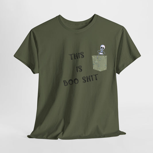 Halloween "THIS IS BOO SH1T" - with a skeleton climbing out of a false pocket, Unisex Heavy Cotton Tee by artist Marie Frederique