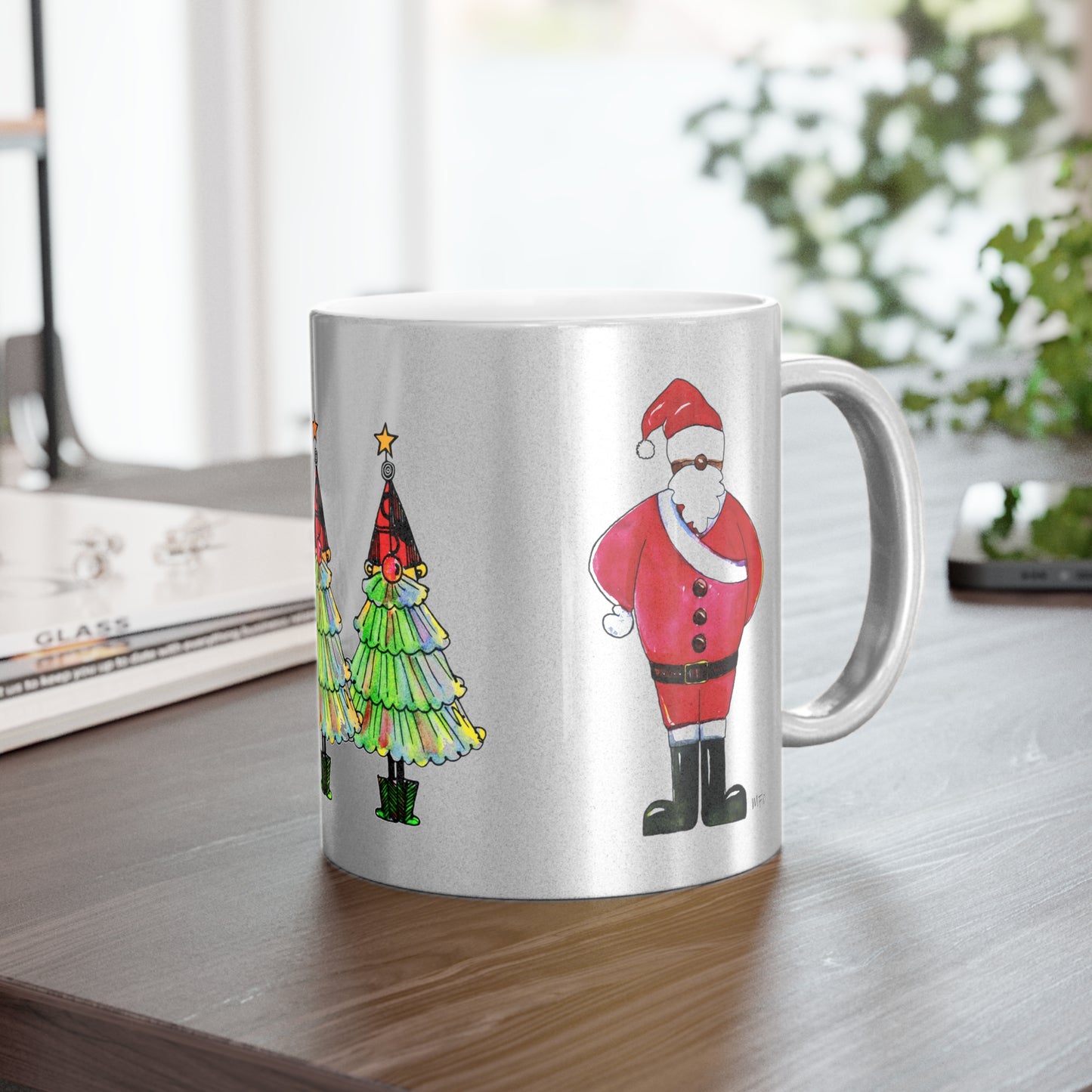 Christmas Metallic Mug (Silver) Santa and trees by artist Marie Frederique