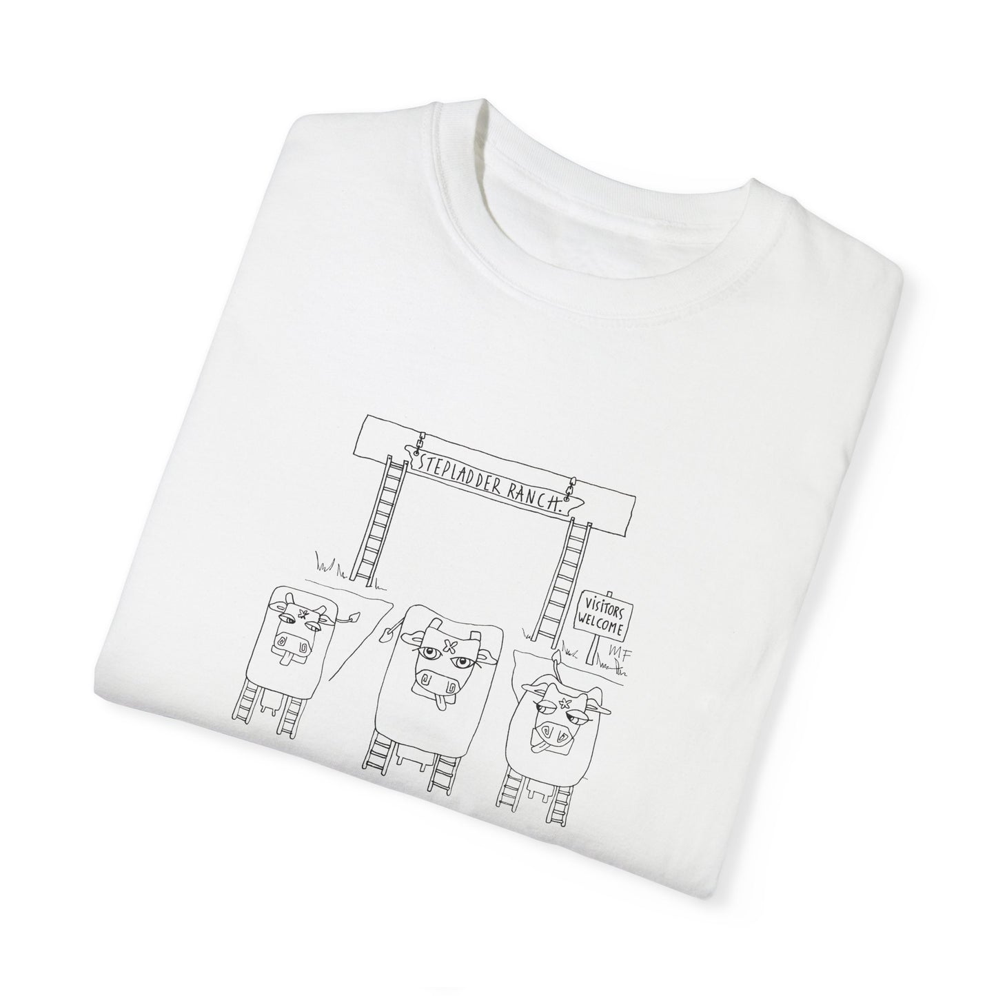 A Tres Leches Whimsical Stepladder Ranch Cows, in 6 colors - Unisex Garment-Dyed T-shirt by artist Marie Frederique