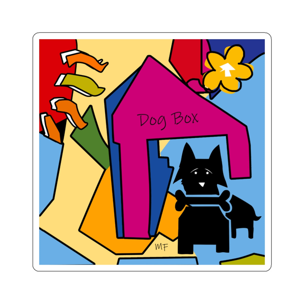 Dog Box series, Multicolor Graphic Dog box sticker by artist Marie Frederique