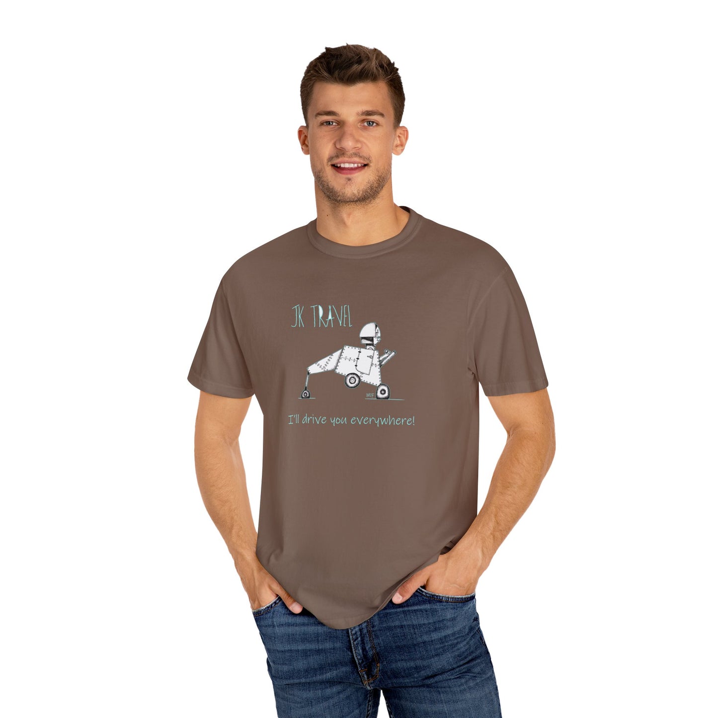 JK TRAVEL, I'll drive you everywhere - Unisex Garment-Dyed T-shirt by Artist Marie Frederique