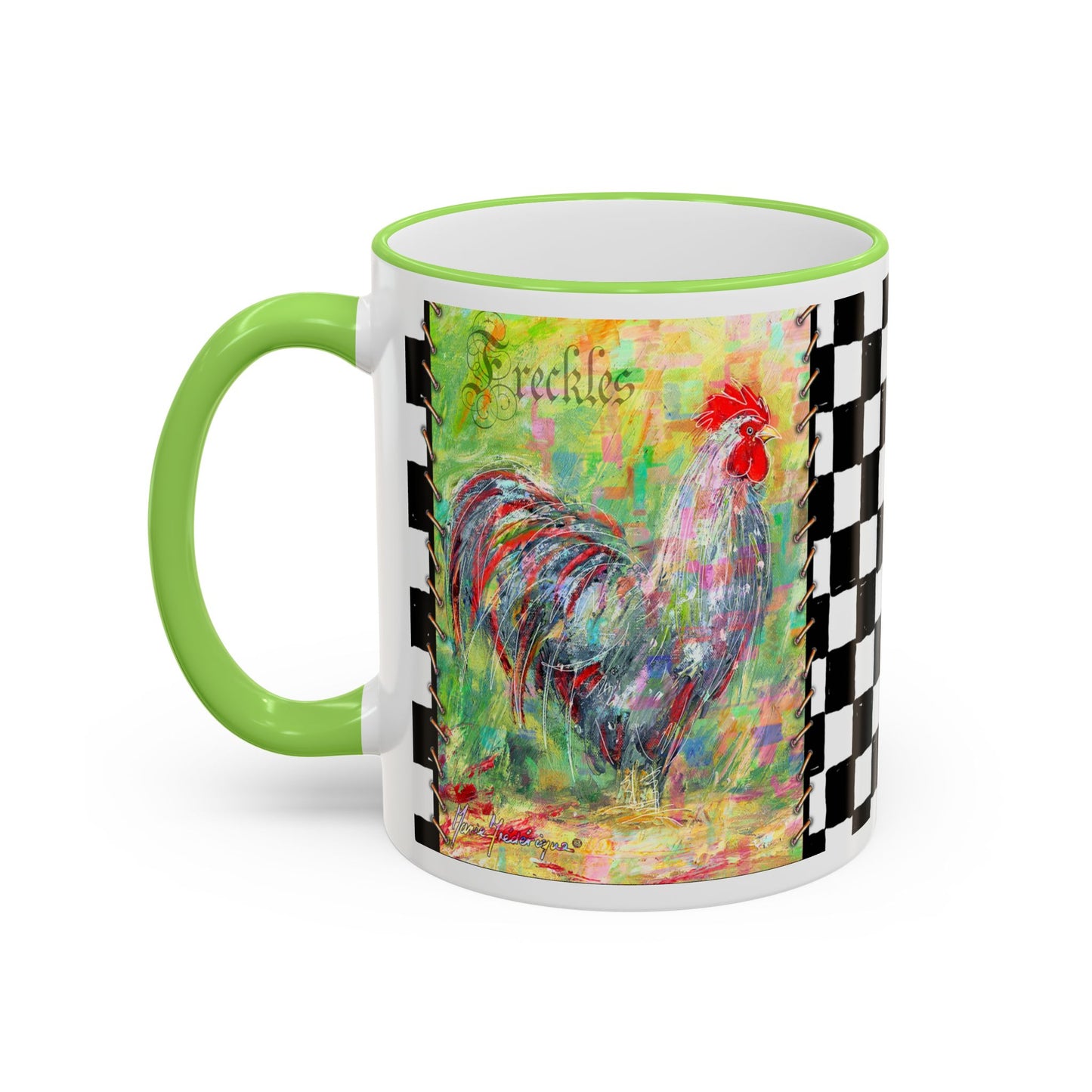 Checkerboard Scruffy & Freckles Rooster Accent Rim Mug – Colorful Farmhouse Coffee Cup (11oz & 15oz) by artist Marie Frederique