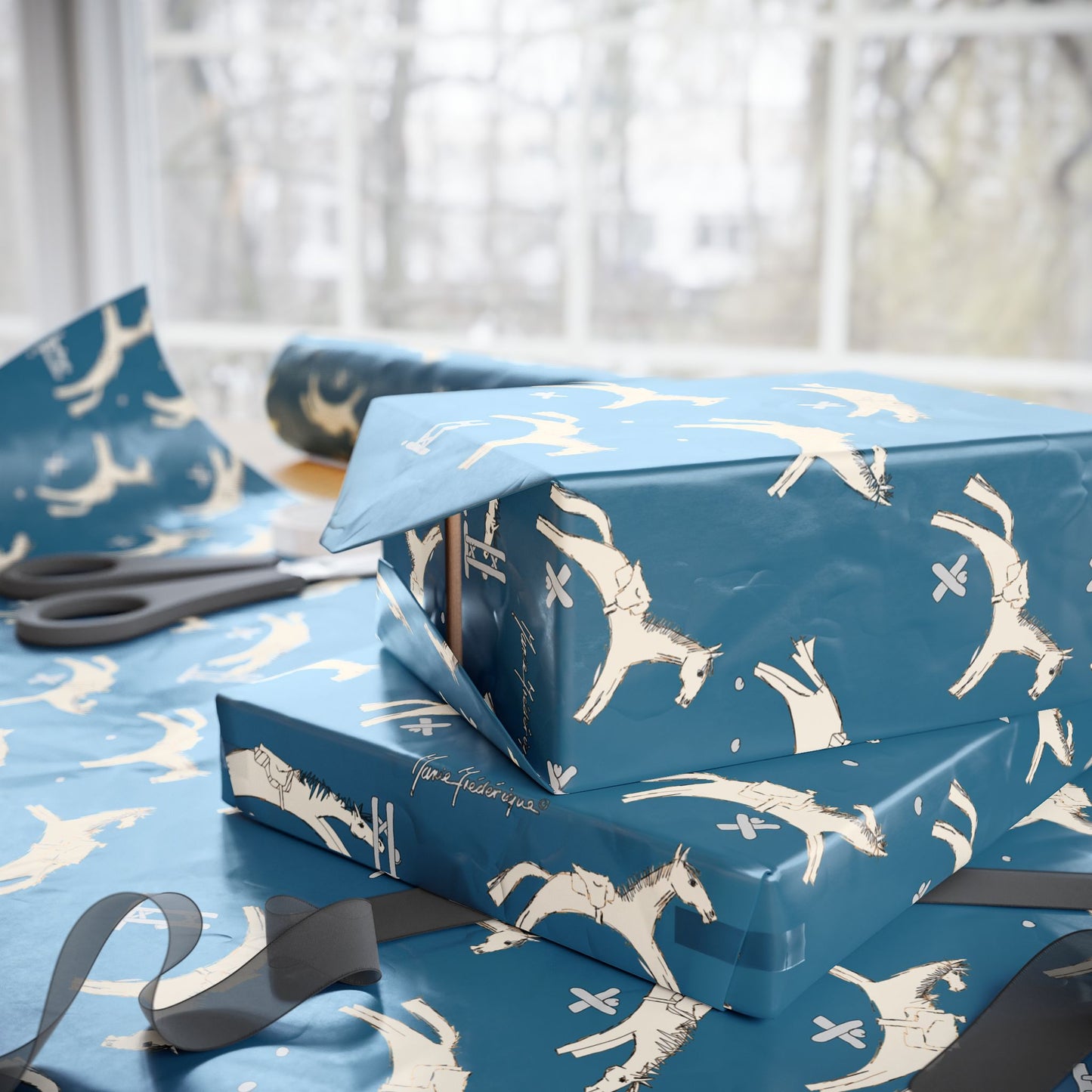 Horse jumping Blue Wrapping Paper Roll – Equestrian Gift Wrap by artist Marie Frederique