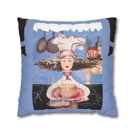 Crepes Suzette Pillow cover - Whimsical Pastry Chef Chefetteville Faux Suede Pillow by artist Marie Frederique