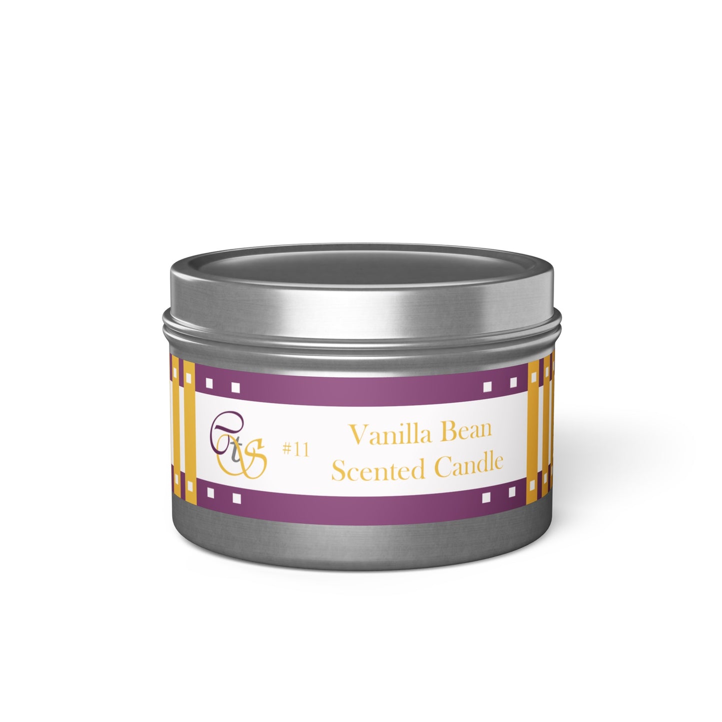 CTS #11 Candle Collection "Vanilla Bean" Scented Coconut Soy Wax Candle in a metal tin. 4 oz or 8 oz, 3 tin colors silver, black or gold