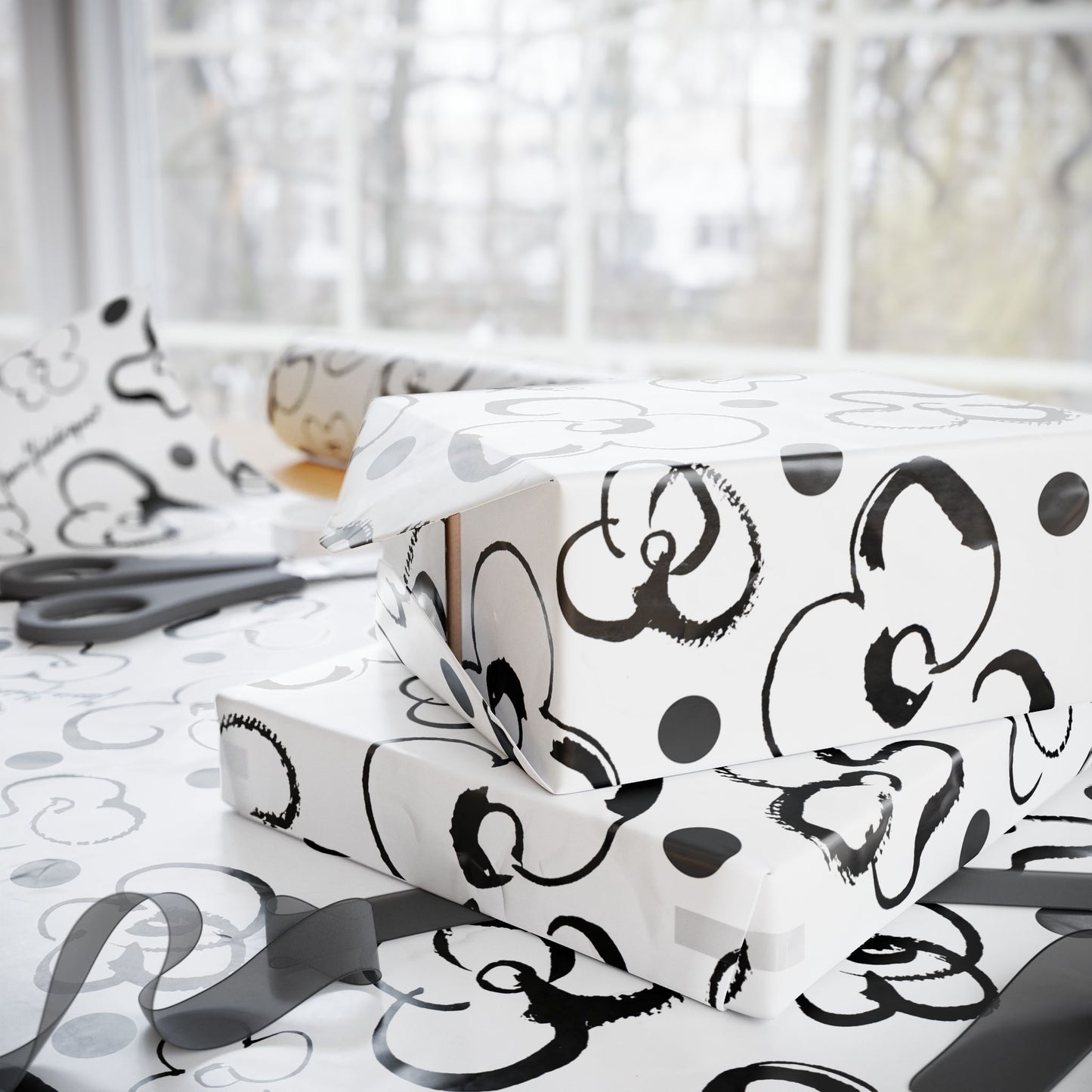 Floral Doodle brush Wrapping Paper Roll — Black & White Pattern by artist Marie Frederique