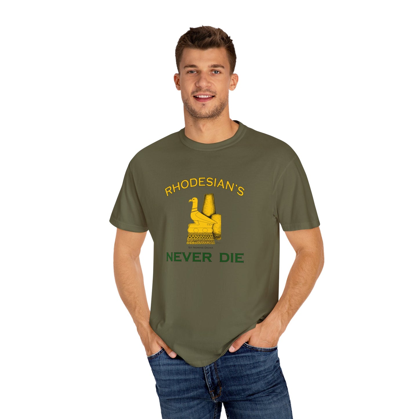 Rhodesian's Never Die, Sit Nomine Digna - Unisex Garment-Dyed T-shirt by artist Marie Frederique