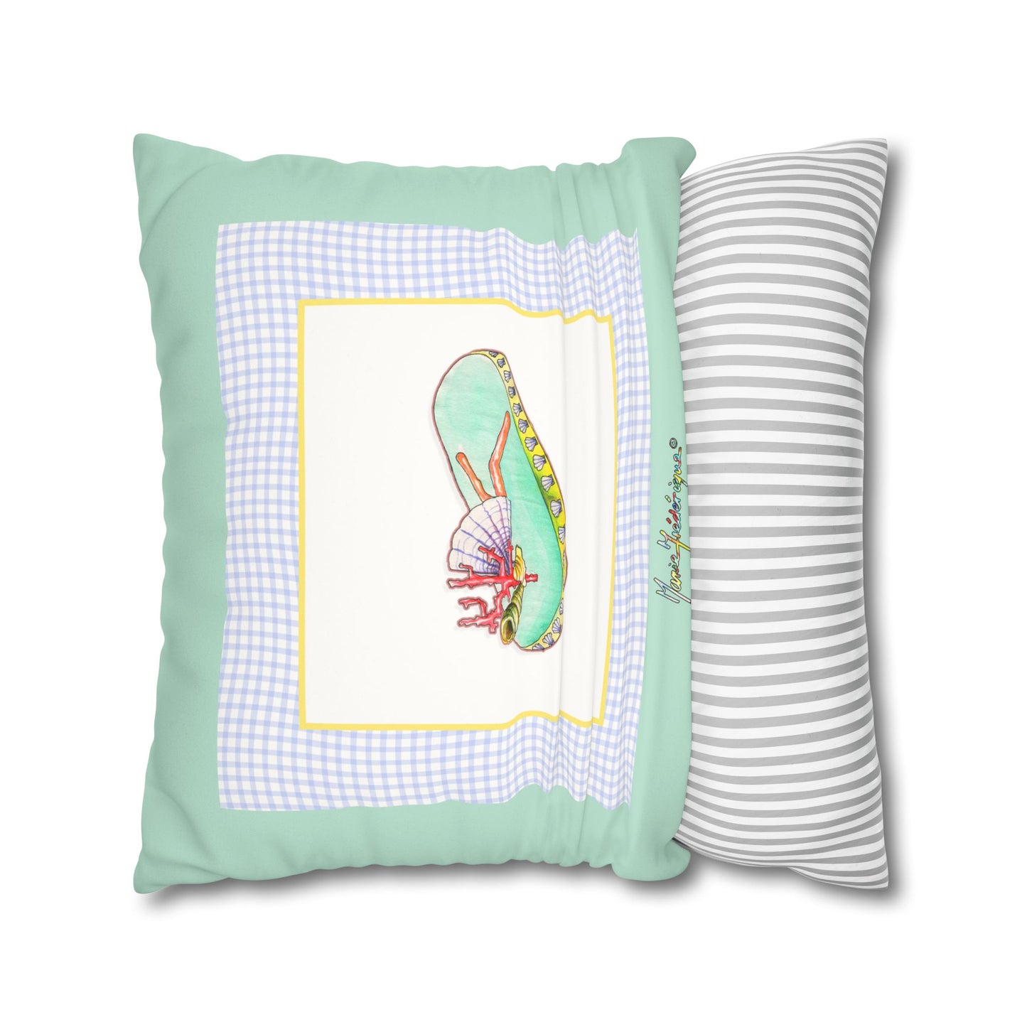 Mint Gingham Vacation Flip-Flop Pillowcase — Beachy Faux Suede Decorative Pillow Cover by artist Marie Frederique
