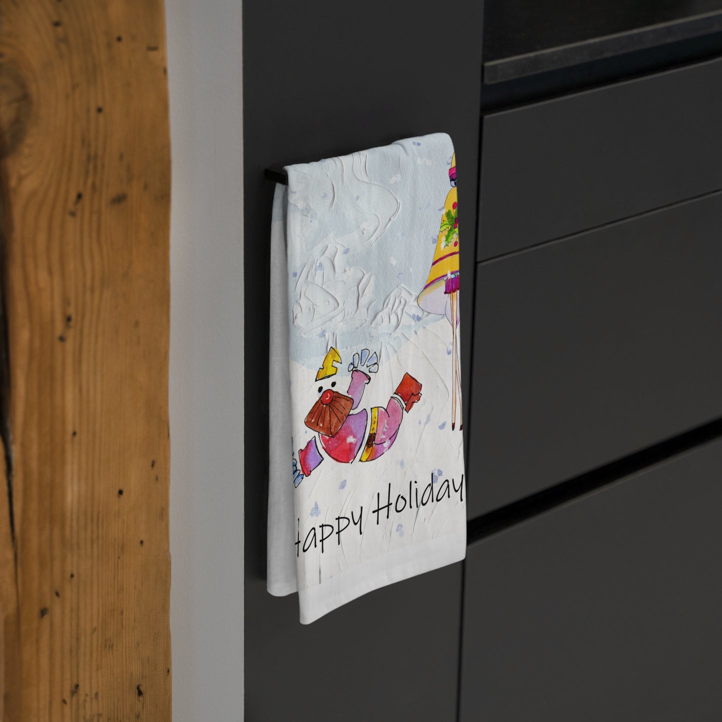 Christmas Tea Towel - Happy Holidays, Flying Santa Kitchen Decor by artist Marie Frederique