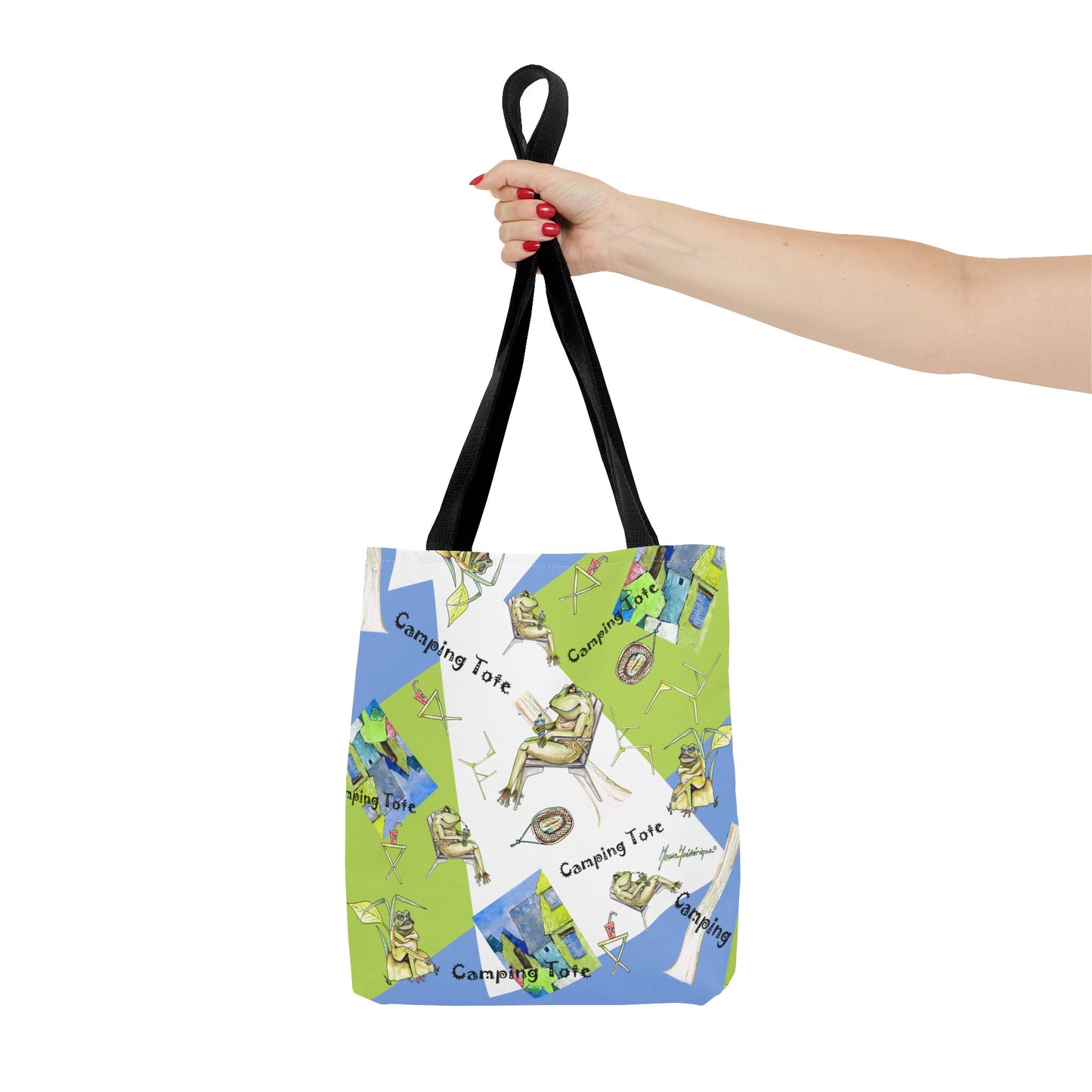 Camp Frog Adventure Tote Bag by artist Marie Frederique