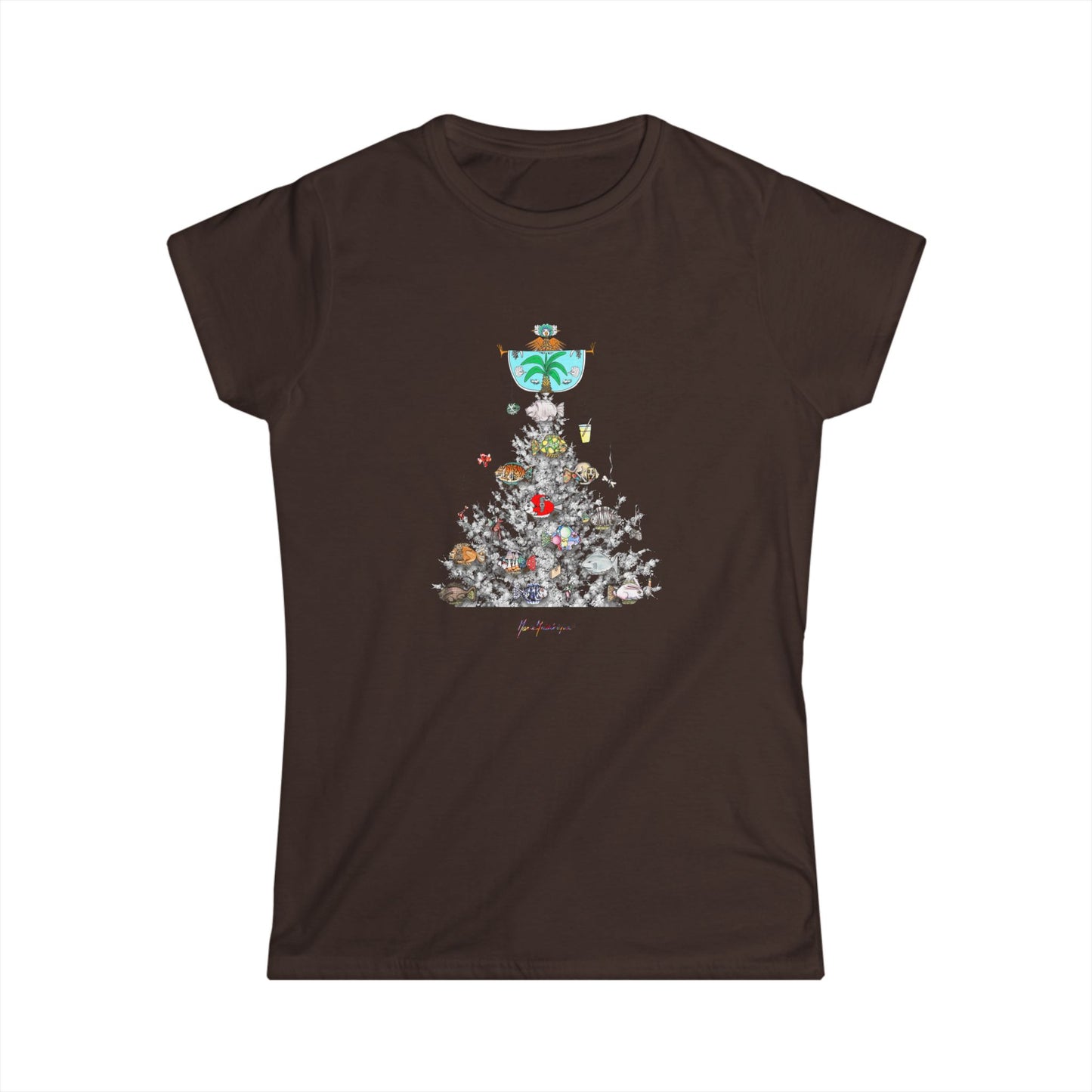 Beachy Palm Tree Christmas Tee — Fishing Holiday Tree Ornaments Women’s T-Shirt by artist Marie Frederique