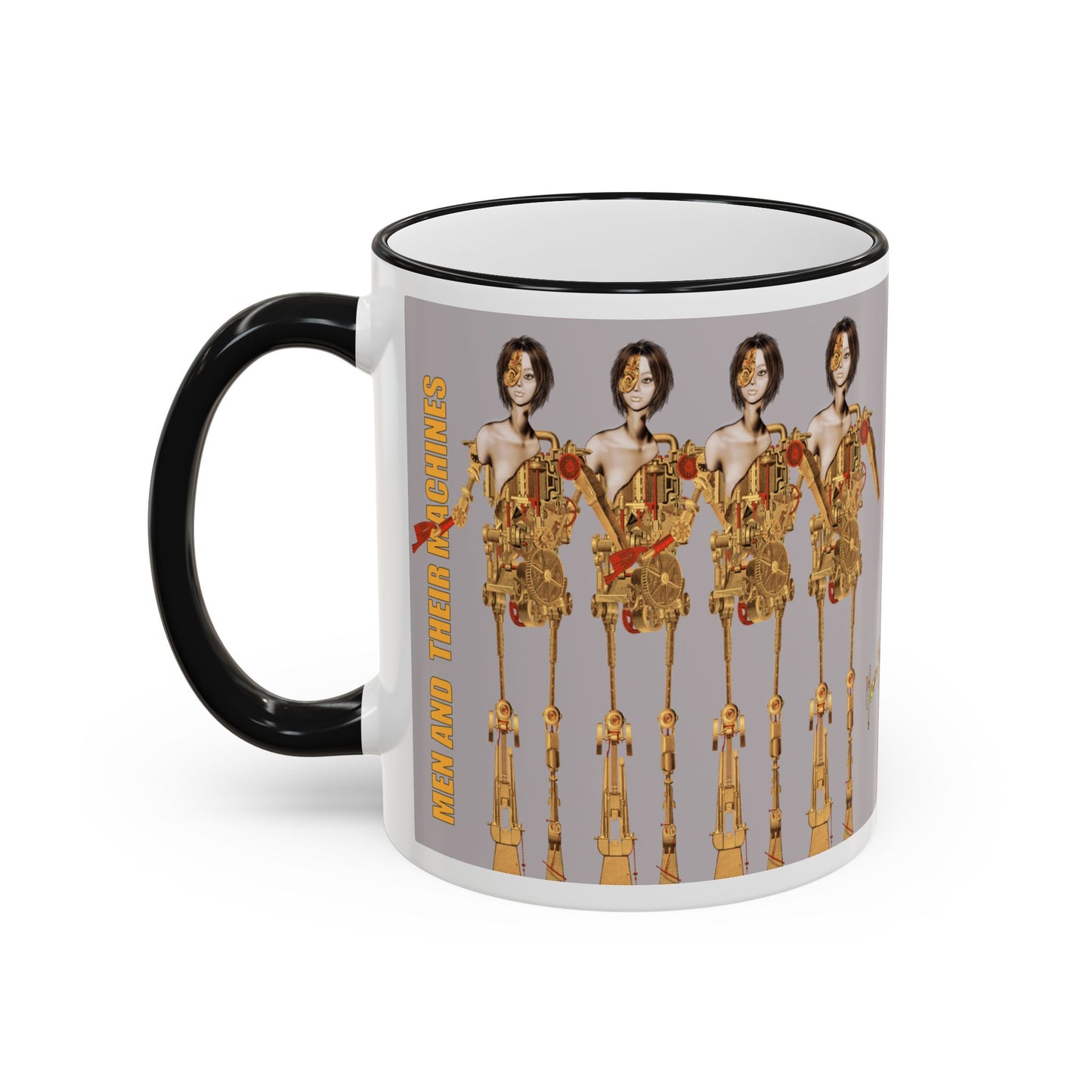 Retro Steampunk Figurine, Men and their Machines - Accent Rim Coffee Cup (11oz/15oz) by artist Marie Frederique