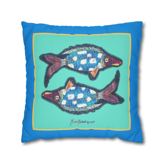 Pisces Fish Faux Suede Pillowcase — Blue Twin Fish Decorative Throw Pillow Cover by artist Marie Frederique