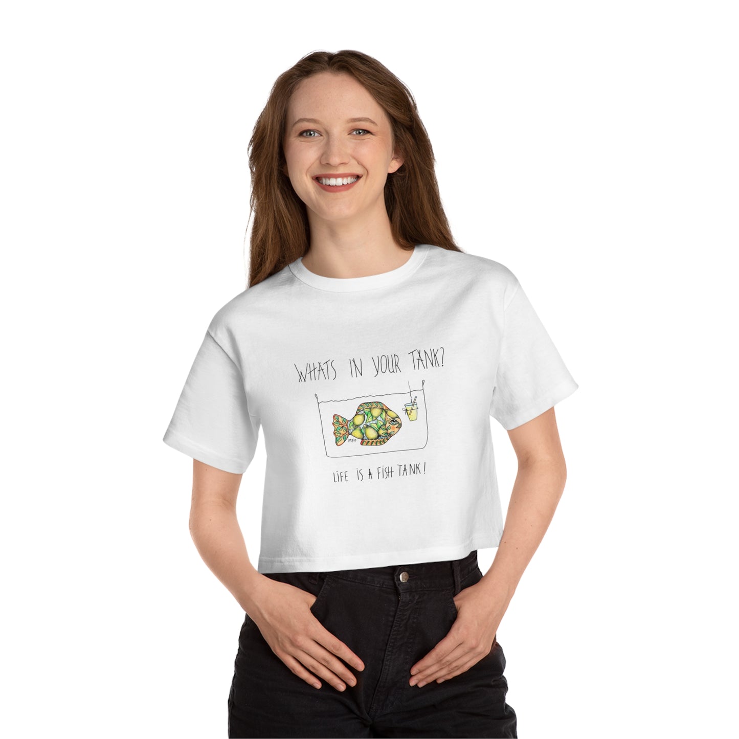 Life is a Fish Tank Collection, "What's in your tank?  Lemon Fish with a dangling lemonade cup and straw. Champion Women's Heritage Cropped T-Shirt