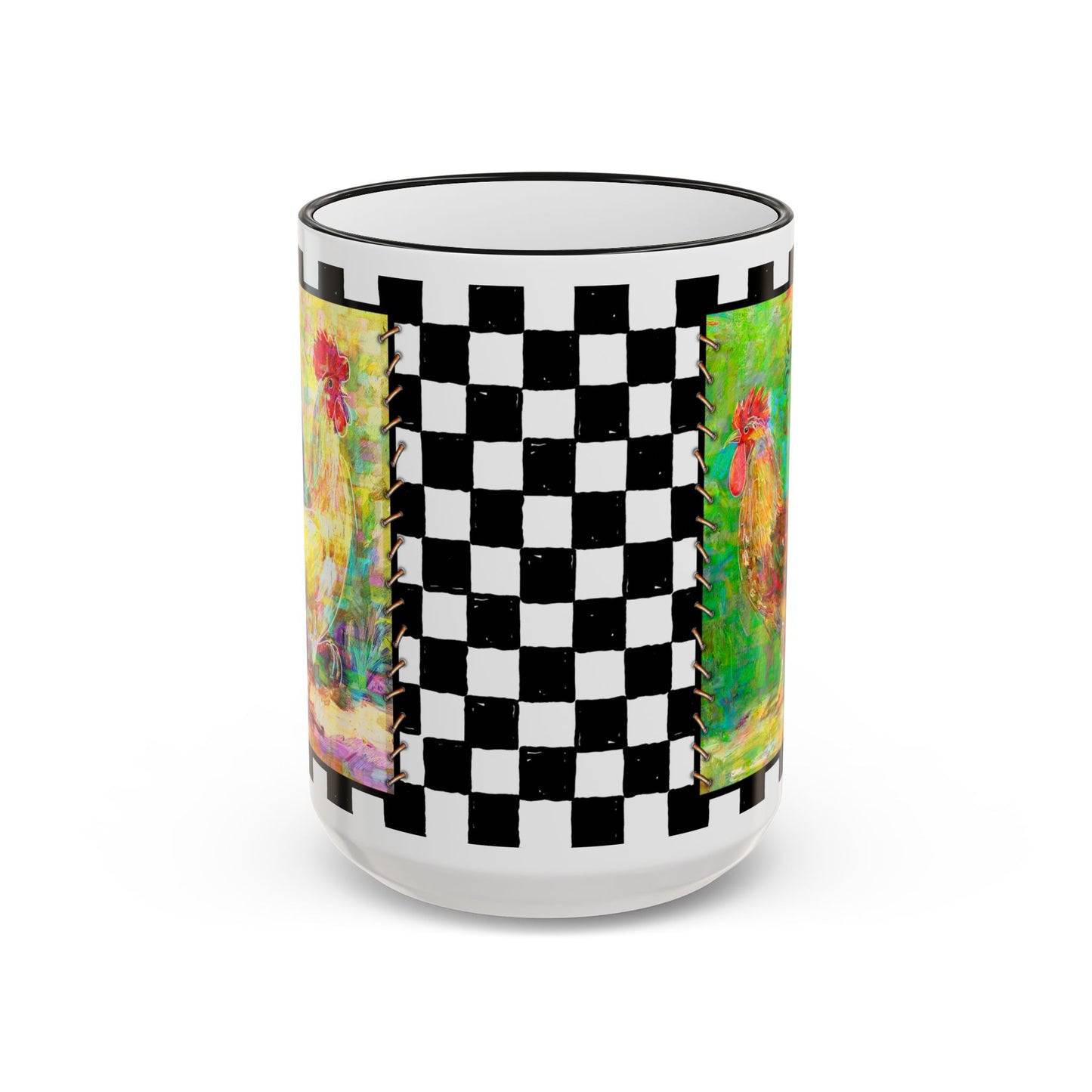 Checkerboard, Slo Mo & Sylvester Rooster Accent Rim Mug — Colorful Farmhouse Coffee Cup (11oz & 15oz) by artist Marie Frederique