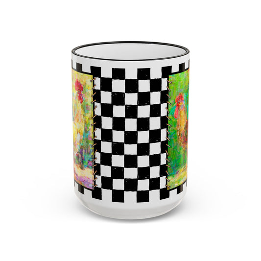 Checkerboard, Slo Mo & Sylvester Rooster Accent Rim Mug — Colorful Farmhouse Coffee Cup (11oz & 15oz) by artist Marie Frederique