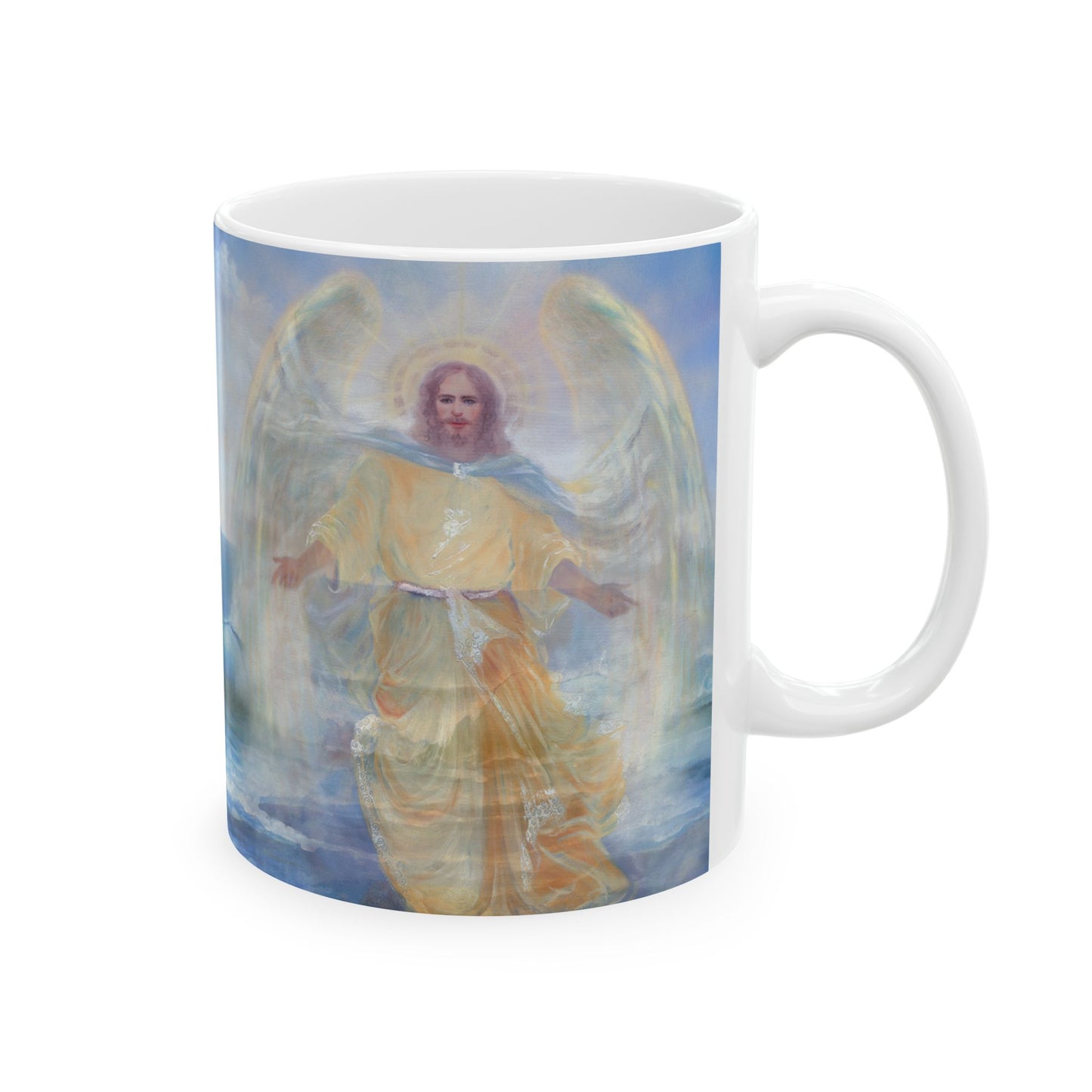 Jesus walks on water ocean art print in blues and yellows Ceramic Mug, 11oz by Artist Marie Frederique