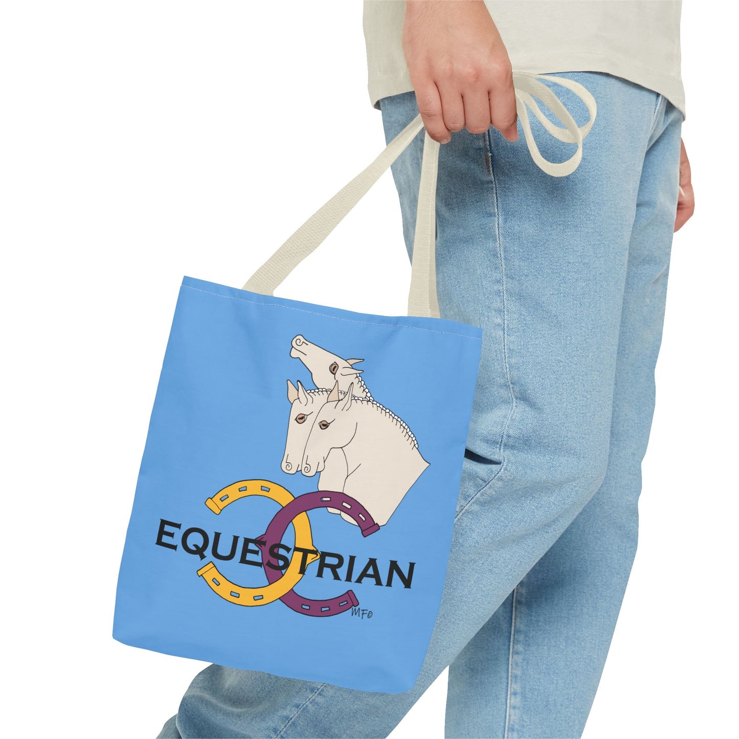 EQUESTRIAN CTS, Light Blue Tote Bag in 3 sizes and black or beige handles by artist Marie Frederique