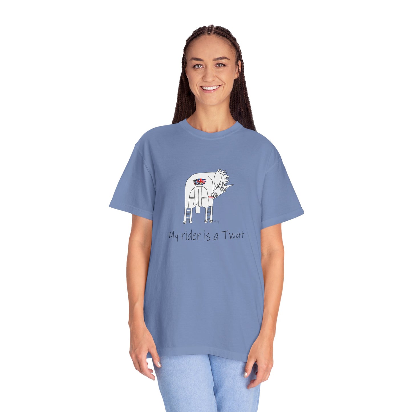 Equestrian British Humor Unisex Garment-Dyed T-Shirt - "My Rider is a Twat" by artist Marie Frederique