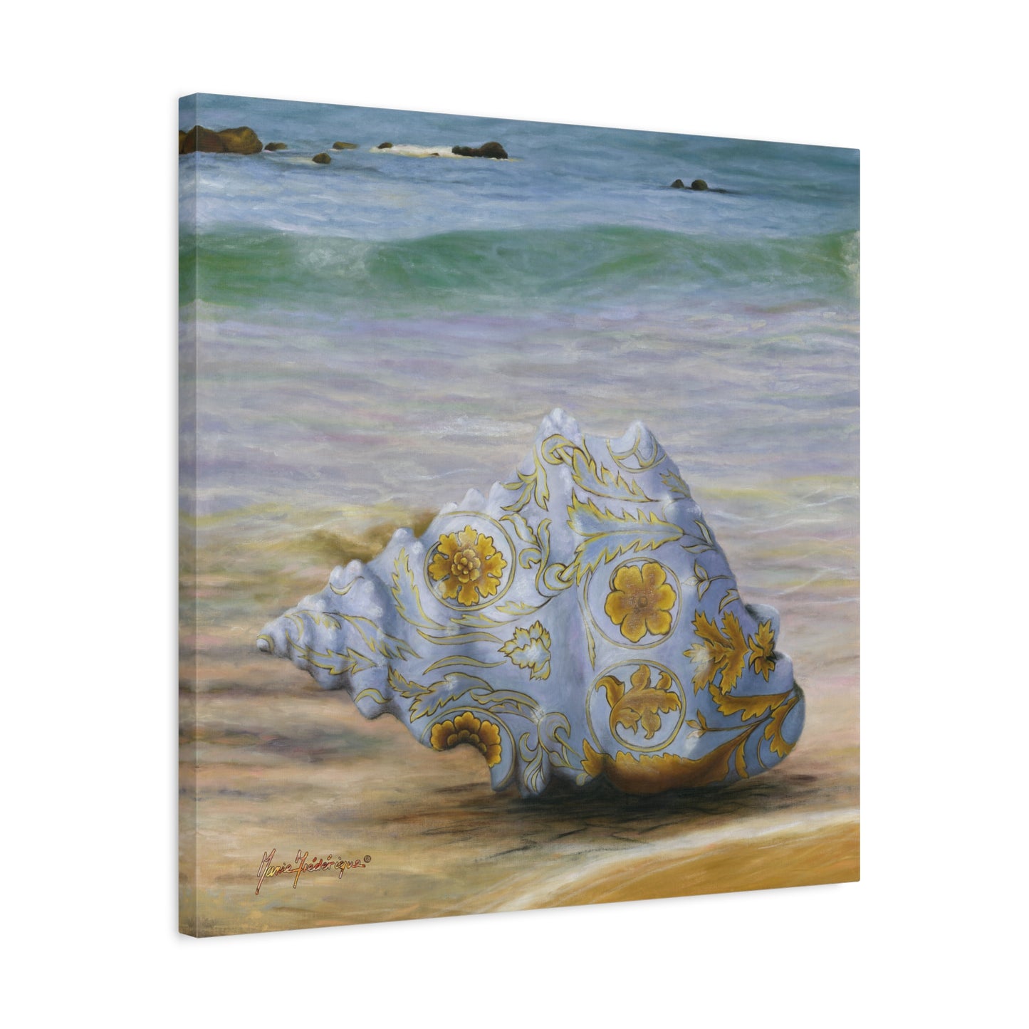 Ocean Tapestry I, Ornate Seashell Beach Canvas – Elegant Coastal Wall Art by artist Marie Frederique