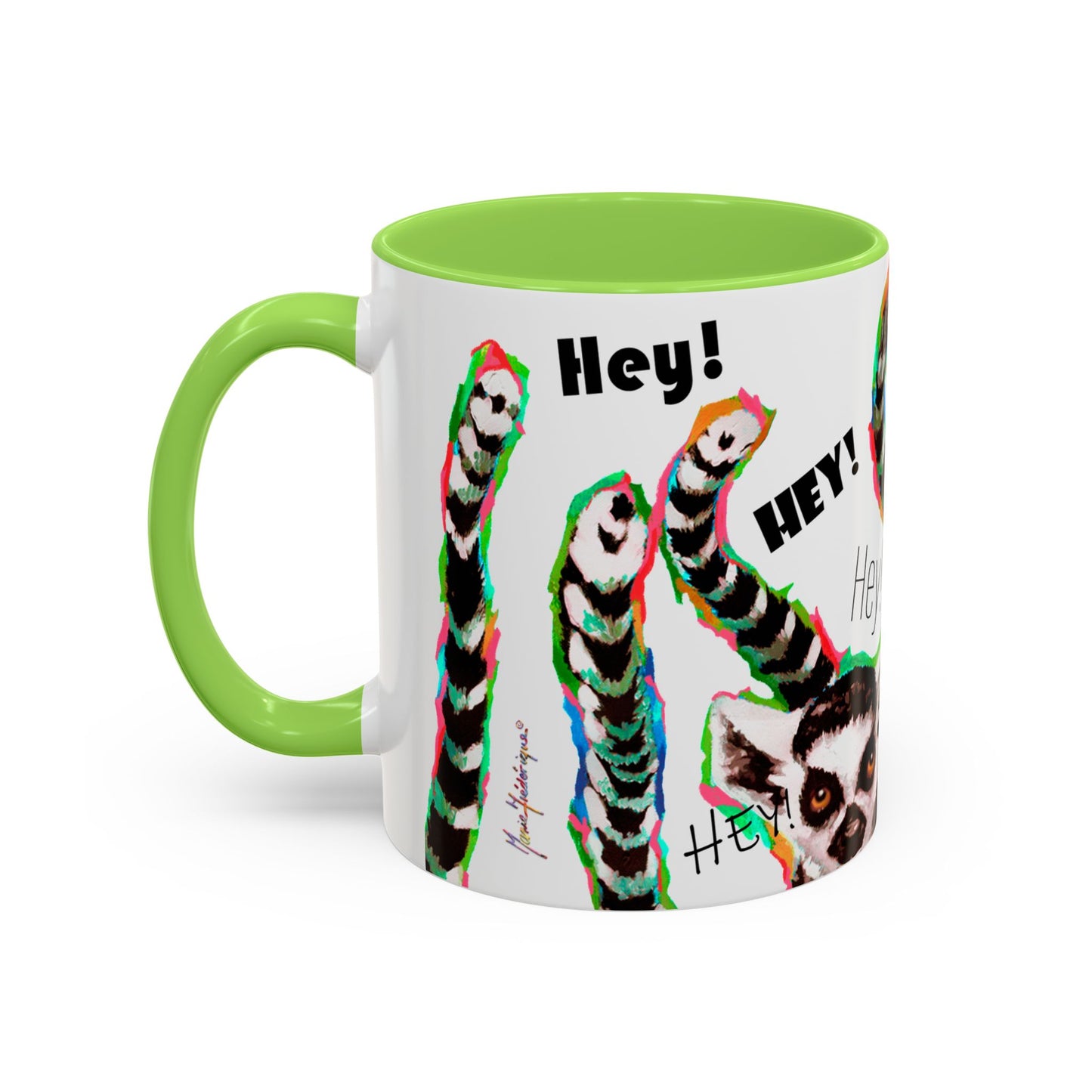 Lemurs from Madagascar scrambling to say "Hey!" - Colorful Mug by Artist Marie Frederique