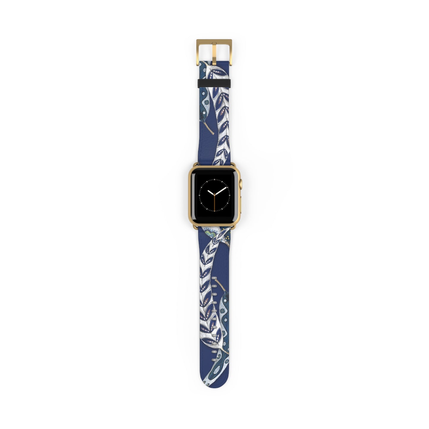 Blue Planet Series, Navy and White painted leaves on faux leather Watch Band by artist Marie Frederique