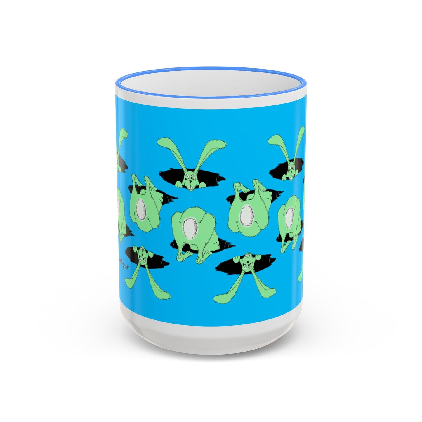 Where is Alice? Playful Green Bunny Pattern Accent Rim Mug (11oz & 15oz) by artist Marie Frederique