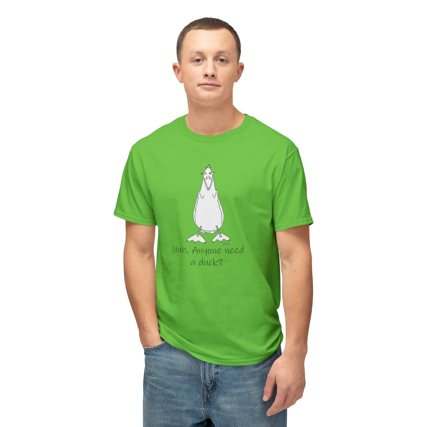 Duck Lovers "Uuh, Anyone need a duck?" - Unisex HD Cotton™ T-shirt by artist Marie Frederique